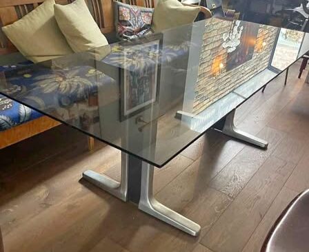 FBM Amazing retro 6ft glass dining Table.with Industrial metal legs. Late 1970s