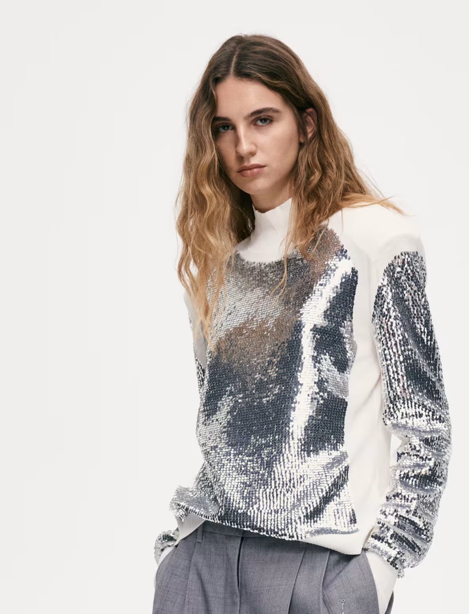 Sequined shoulder-pad top