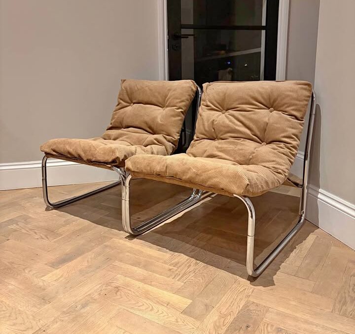 FBM Pair of ‘Pixi’ chrome sling chairs by Gillis Lundgren for IKEA (1972)