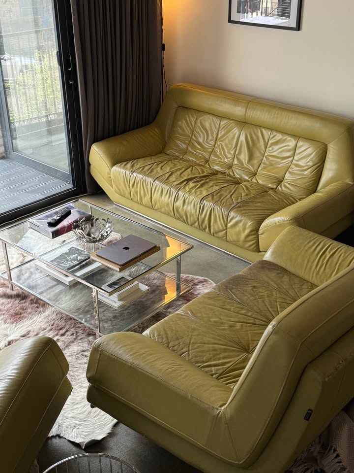 FBM Vintage Yellow Leather Sofa Set, 3 Piece, Chrome Detail, Featured in Original Top Boy