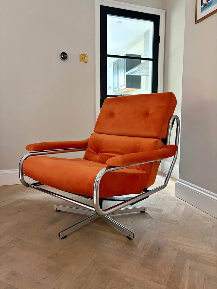 FBM Pieff Alpha Newly Upholstered Mid Century Chrome Swivel Chair