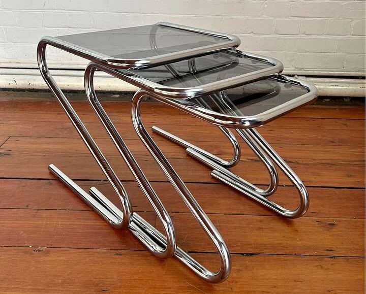 FBM 1970s Chrome and Smoked Glass Nest Of Tables