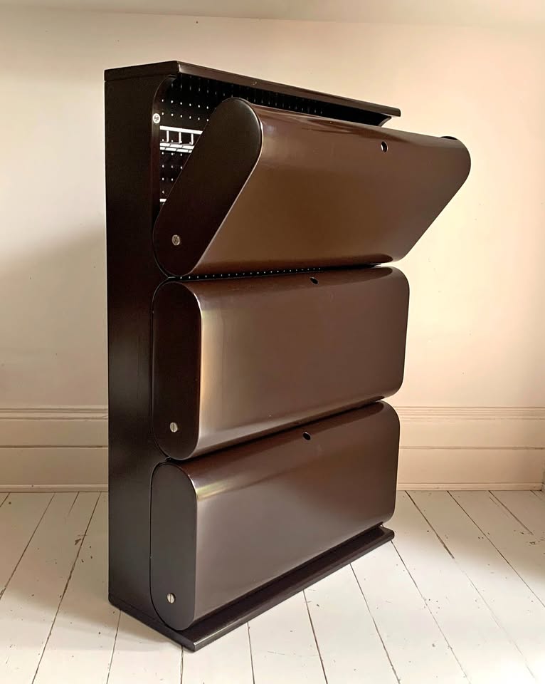 FBM Vintage 1960s Italian Shoe Rack Cabinet, Dark Brown Lacquer Mid Century / Attributed Carlo di Carli